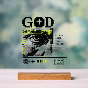 Psalm 121:2 Neon Lime Eye Of God CRT Glitch Art Acrylic Sign