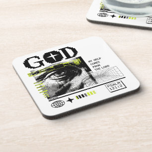 Psalm 121:2 Neon Lime Eye Of God CRT Glitch Art Beverage Coaster