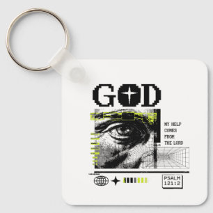Psalm 121:2 Neon Lime Eye Of God CRT Glitch Art Keychain