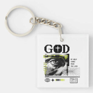 Psalm 121:2 Neon Lime Eye Of God CRT Glitch Art Keychain