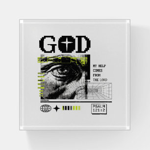 Psalm 121:2 Neon Lime Eye Of God CRT Glitch Art Paperweight