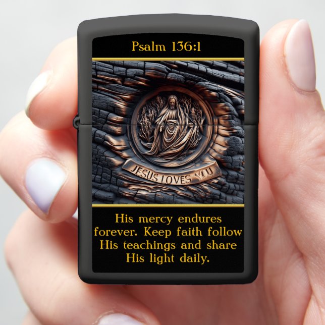Psalm 136:1 Burnt Wood Devotion Carving Zippo Lighter (In Hand)