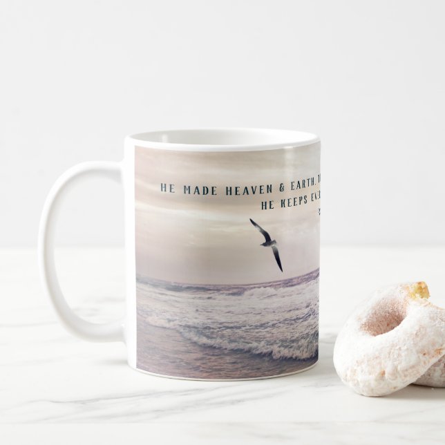 Psalm 146:6 Beach Waves and Seagull Photography Coffee Mug (With Donut)