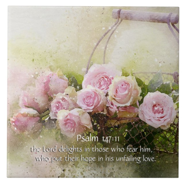 Psalm 147:11, Bible Verse, Basket of Pink Roses, Tile (Front)