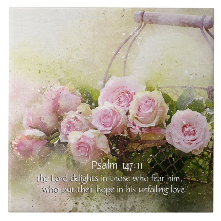 Psalm 14711, Bible Verse, Basket of Pink Roses, Tile
