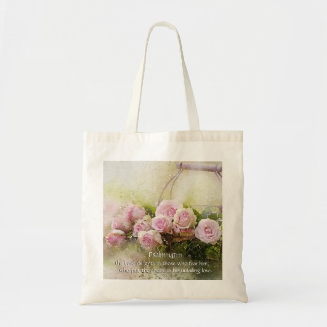 Psalm 147:11, Bible Verse, Basket of Pink Roses, Tote Bag (Front)