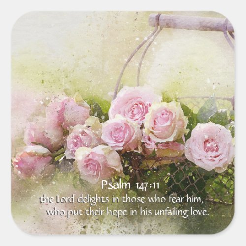 Psalm 14711 Inspiring Bible Verse Pink Roses Square Sticker
