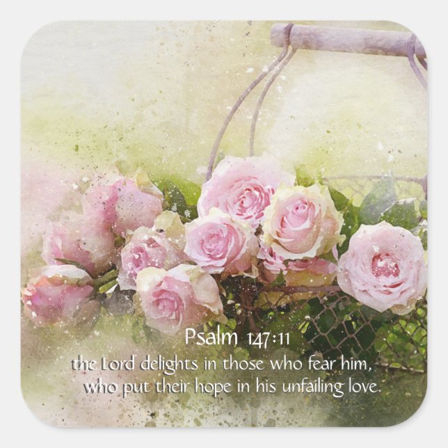 Psalm 147:11 Inspiring Bible Verse Pink Roses Square Sticker (Front)