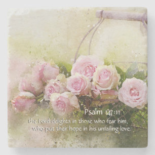 Psalm 147:11 Inspiring Bible Verse Pink Roses Stone Coaster