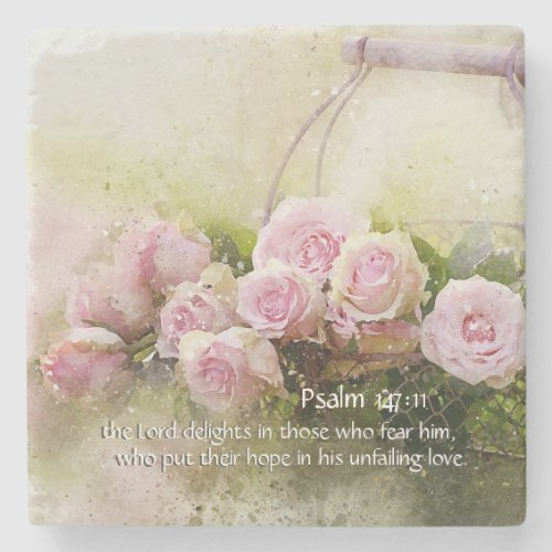 Psalm 14711 Inspiring Bible Verse Pink Roses Stone Coaster