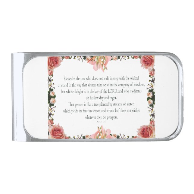 PSALM 1:1-3 Botanic Design, Silver Finish Money Clip (Front)