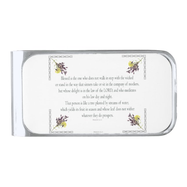PSALM 1:1-3 Botanic Design, Silver Finish Money Clip (Front)