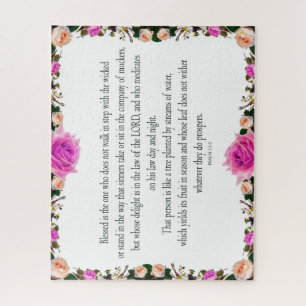 Psalm 1 Art - Blessed Righteous with Floral Design Jigsaw Puzzle