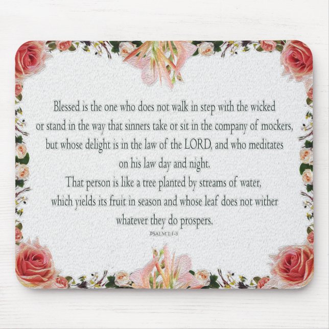 Psalm 1 Art - Blessed Righteous with Floral Design Mouse Pad (Front)
