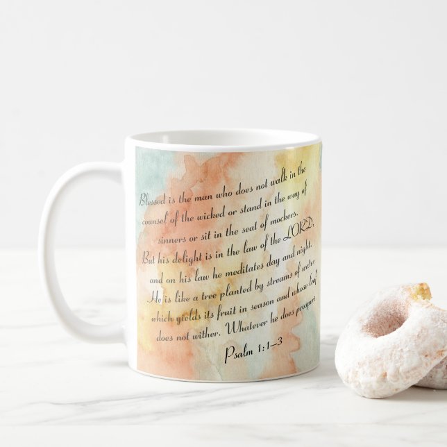 Psalm 1 Blessed Watercolor Script Coffee Mug (With Donut)