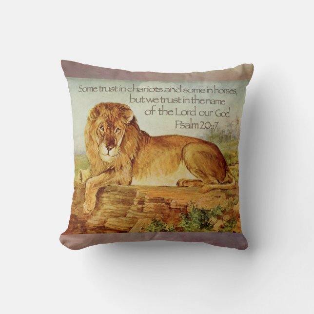 Psalm 20:7 Christian Lion Bible Verse Throw Pillow (Front)