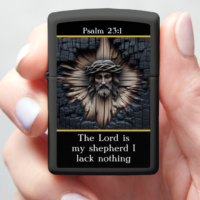 Psalm 23:1 Carved Jesus Wood  Zippo Lighter (In Hand)