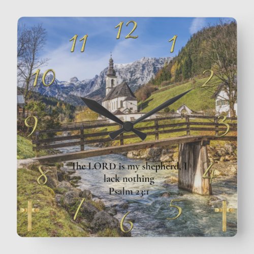 Psalm 231 church near the moutain with river  square wall clock