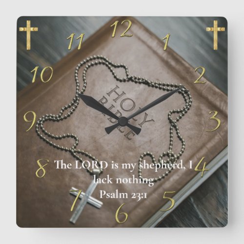 Psalm 231 Holy Bible with silver cross on it Square Wall Clock