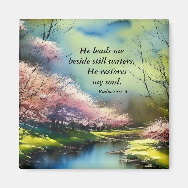 Psalm 23:2-3 He restores my soul Bible Verse Magnet (Front)