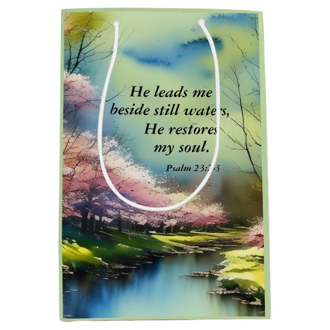 Psalm 23:2-3 He restores my soul Bible Verse  Medium Gift Bag (Front)