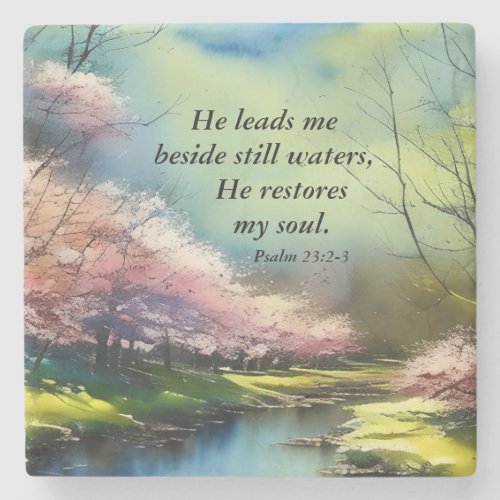 Psalm 232_3 He restores my soul Bible Verse Stone Coaster