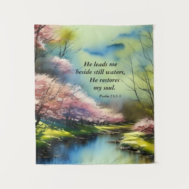 Psalm 23:2-3 He restores my soul Bible Verse Tapestry (Front)