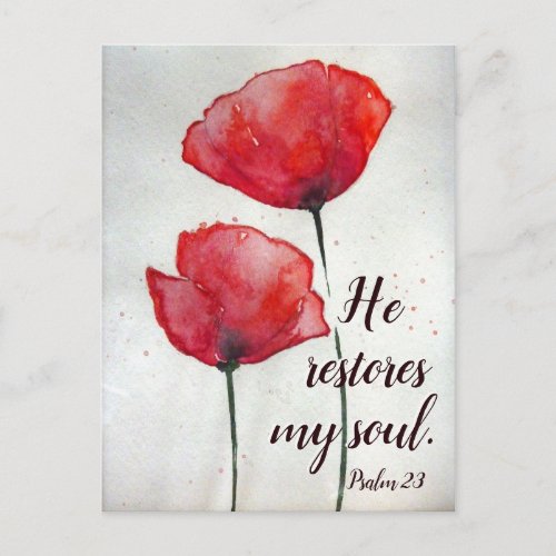 Psalm 233 He restores my soul Bible Verse Floral Postcard