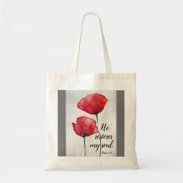 Psalm 23:3 He restores my soul, Bible Verse Floral Tote Bag (Front)