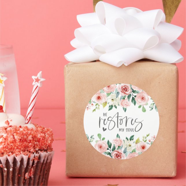 Psalm 23:3 He Restores my Soul Bible Verse & Roses Classic Round Sticker (Party)