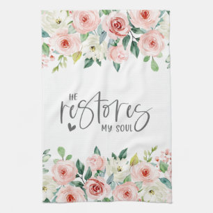 Psalm 23:3 He Restores my Soul Bible Verse & Roses Kitchen Towel