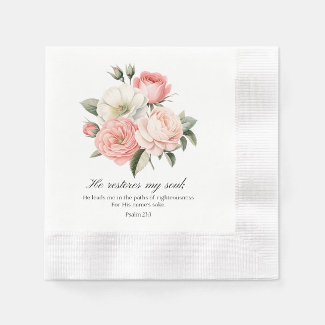 Psalm 23:3 He Restores my Soul Flowers Napkins (Front)