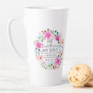 Psalm 23:3 - He restores my soul Pink Floral Bible Latte Mug
