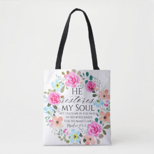 Psalm 23:3 - He restores my soul Pink Floral Bible Tote Bag