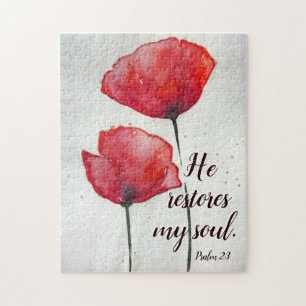 Psalm 23:3 He restores my soul Red Poppies Bible Jigsaw Puzzle