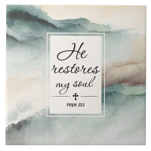 Psalm 23"4 He Restores My Soul Cross Ceramic Tile (Front)