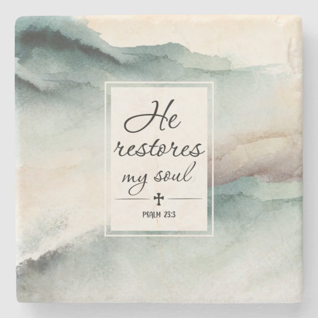Psalm 23"4 He Restores My Soul Cross Stone Coaster (Front)