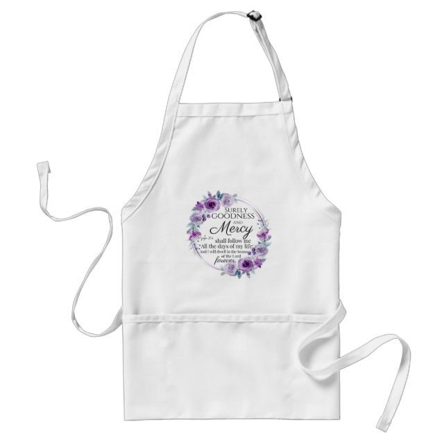 Psalm 23:6 Inspirational Bible Verse Purple Floral Adult Apron (Front)
