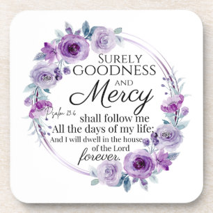 Psalm 23:6 Inspirational Bible Verse Purple Floral Beverage Coaster