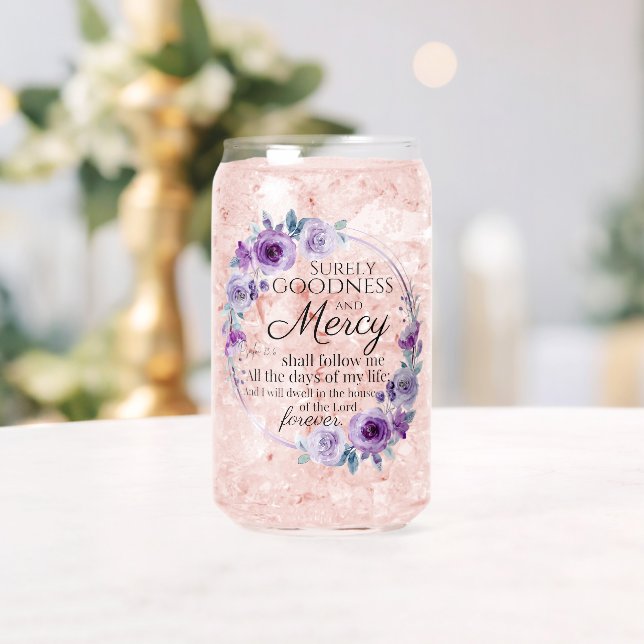 Psalm 23:6 Inspirational Bible Verse Purple Floral Can Glass (Insitu (Wedding))