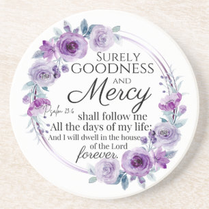 Psalm 23:6 Inspirational Bible Verse Purple Floral Coaster