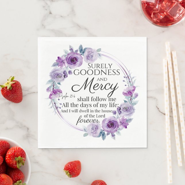 Psalm 23:6 Inspirational Bible Verse Purple Floral Napkins (Insitu)