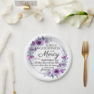 Psalm 23:6 Inspirational Bible Verse Purple Floral Paper Plates