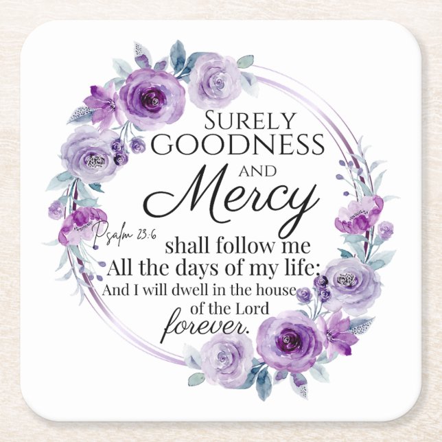 Psalm 23:6 Inspirational Bible Verse Purple Floral Square Paper Coaster (Front)