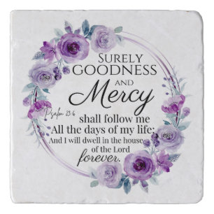 Psalm 23:6 Inspirational Bible Verse Purple Floral Trivet