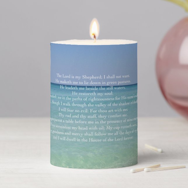 Psalm 23 Beautiful Bible Verse Beach Christian Pillar Candle (In Situ)