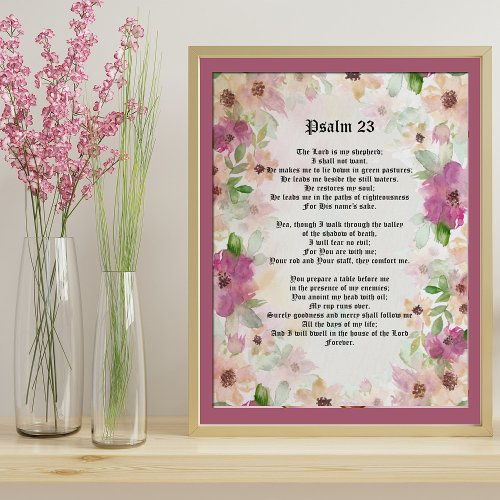Psalm 23 Bible Scripture Text Watercolor Flowers Poster