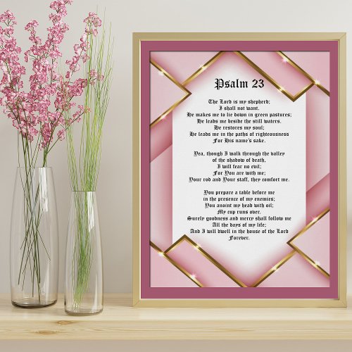 Psalm 23 Bible Scripture Text with Pink and Gold P Poster