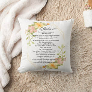 Psalm 23 Bible Scripture Yellow Floral Frame Throw Pillow