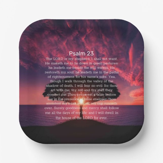 Psalm 23 Bible Sunset Silhouette Tree Paper Plates (Front)
